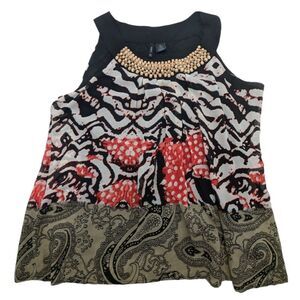 New Directions Sleeveless Blouse Women's XL Paisley Multi Print Wood Beaded Top